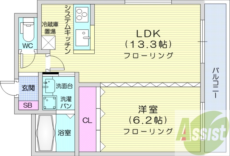 1LDK、IHシステムキッチン、ウォシュレット、独立洗面台