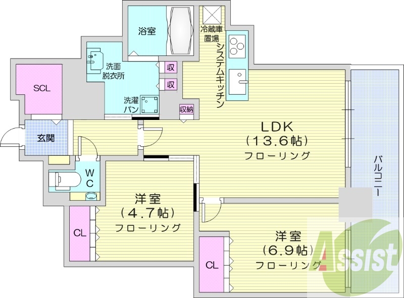2LDK、システムキッチン、床暖房、シャワートイレ