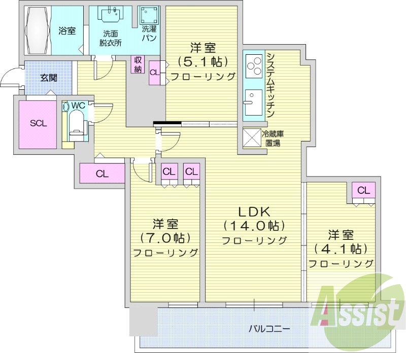 3LDK、システムキッチン、床暖房、シャワートイレ