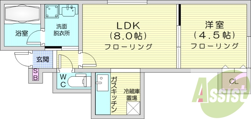 1LDK、バストイレ別、エアコン、カメラ付きインターホン