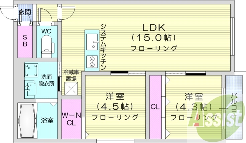 2LDK、エアコン、ペット可、システムキッチン