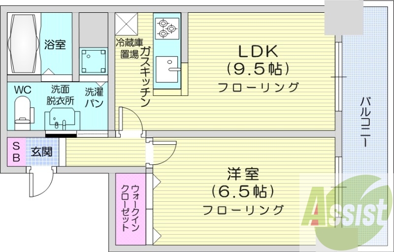 1LDK、角部屋、バストイレ別、シャワートイレ