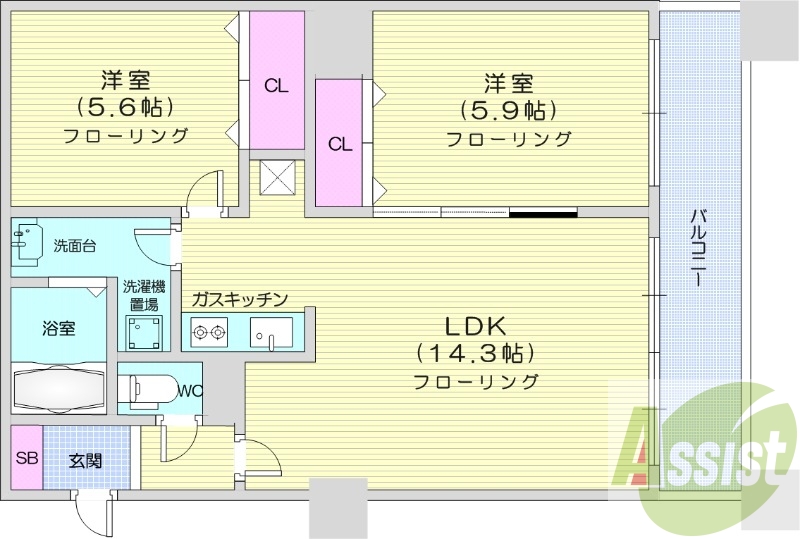 2LDK、浴室乾燥機、灯油暖房、エアコン、シャンドレ
