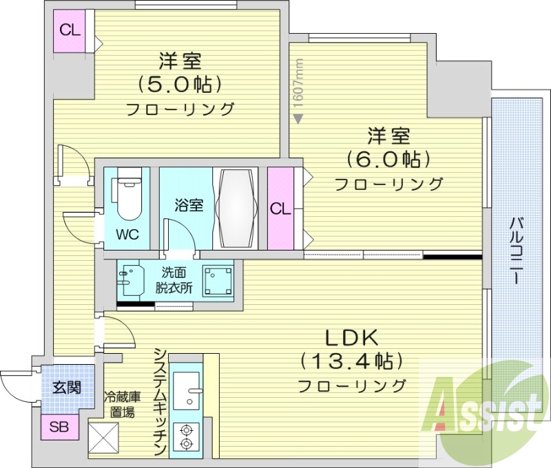 1LDK、エアコン、浴室乾燥機、システムキッチン
