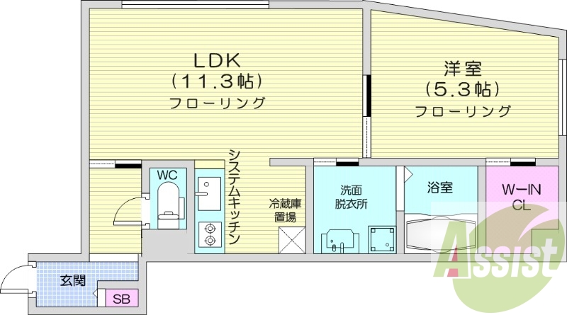 1LDK、エアコン、都市ガス、システムキッチン