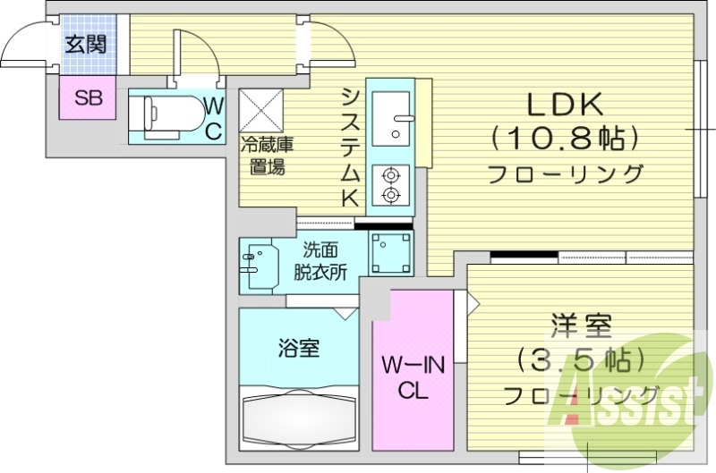 1LDK、都市ガス、エアコン、システムキッチン