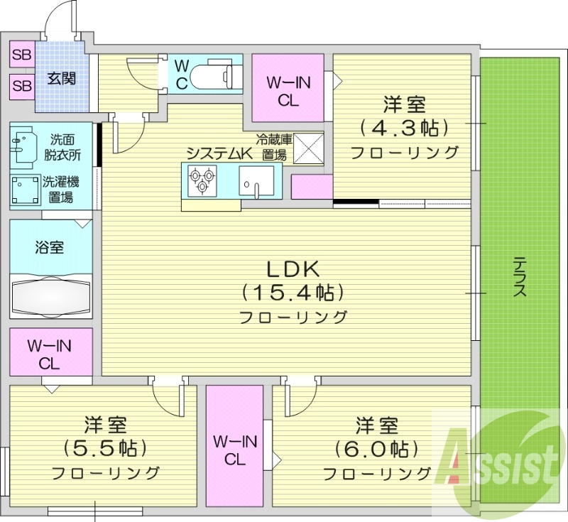 3LDK、都市ガス、エアコン、システムキッチン