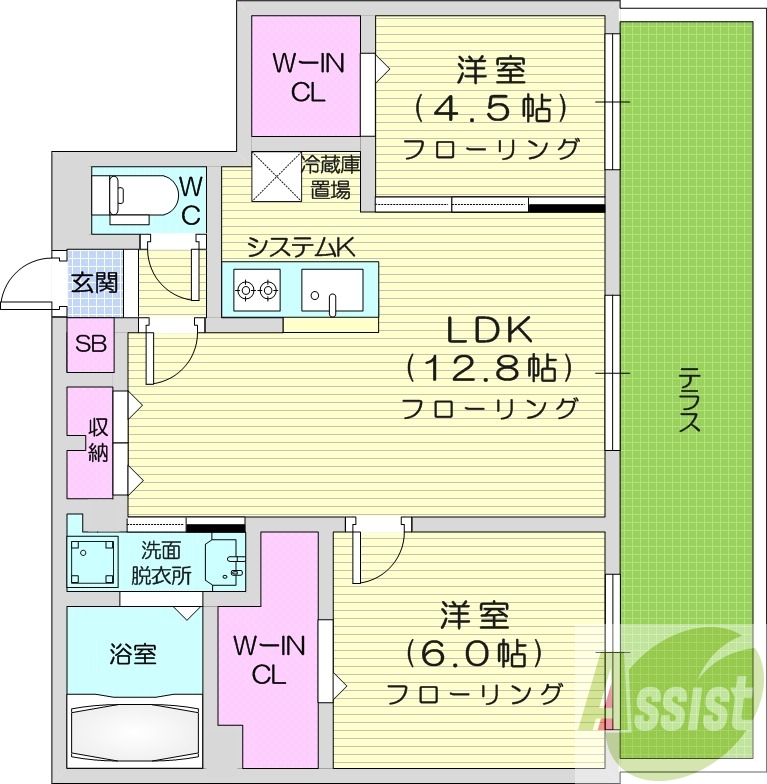 2LDK、都市ガス、エアコン、システムキッチン