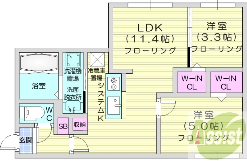 2LDK、都市ガス、エアコン、システムキッチン