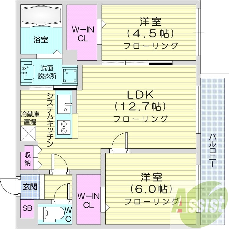 2LDK、都市ガス、エアコン、システムキッチン