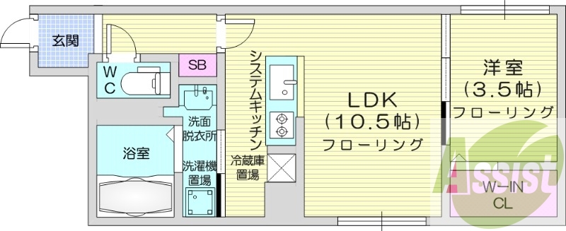 1LDK、エアコン、都市ガス、システムキッチン