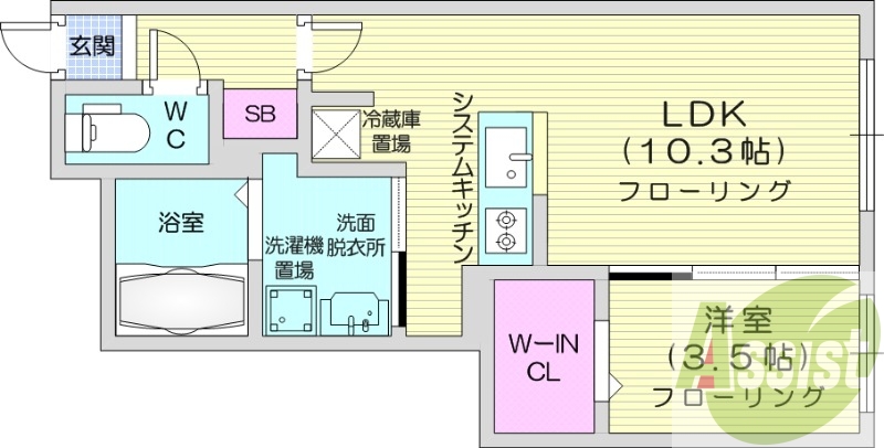 1LDK、都市ガス、エアコン、システムキッチン