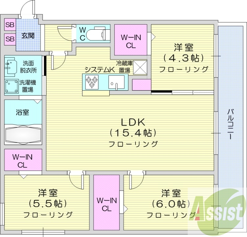 3LDK、都市ガス、エアコン、システムキッチン