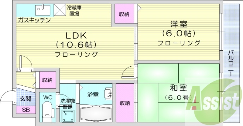2LDK、洗面台、ガスキッチン、灯油暖房、
