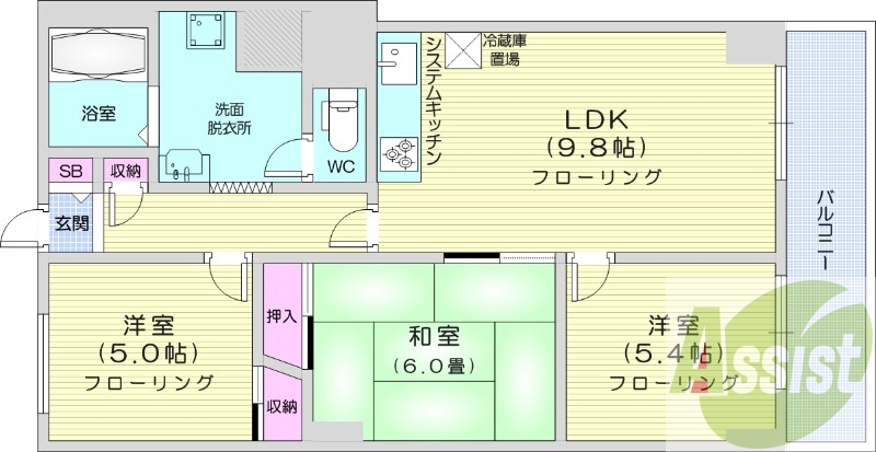 3LDK、都市ガス、バストイレ別、システムキッチン