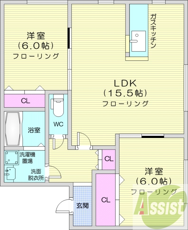 2LDK、モニターホン、洗髪洗面化粧台、収納