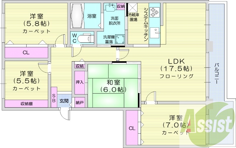 4LDK、都市ガス、分譲タイプ、システムキッチン