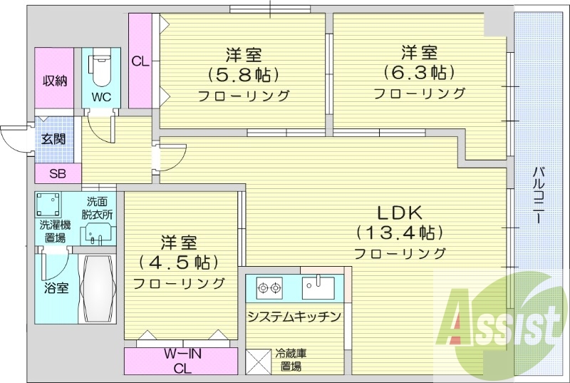 3LDK、エアコン、独立洗面台、システムキッチン