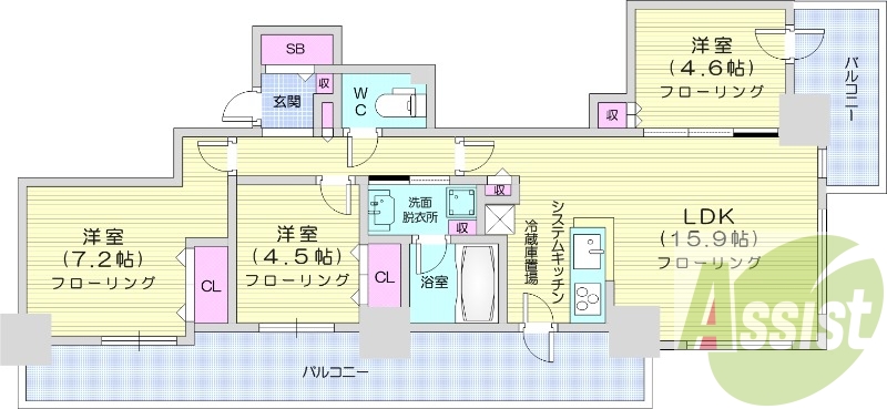 3LDK、分譲賃貸、床暖房、エアコン、食洗器、追い焚き