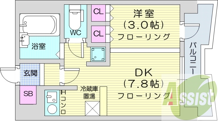 1LDK、洗面脱衣所、押入、クローゼット、システムキッチン