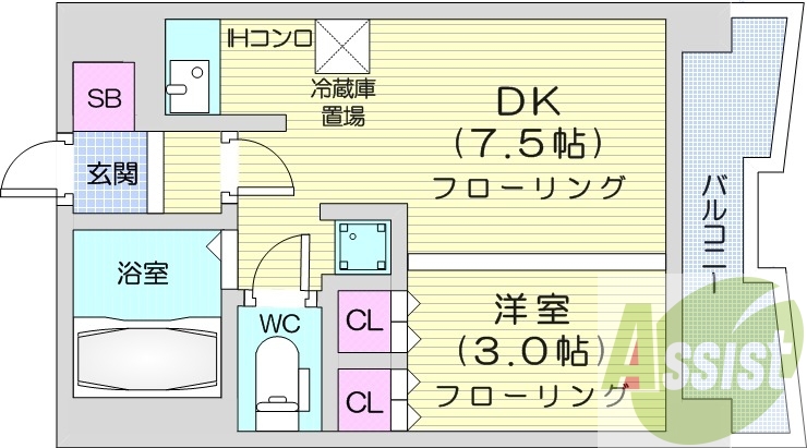 1DK、クローゼット、システムキッチン