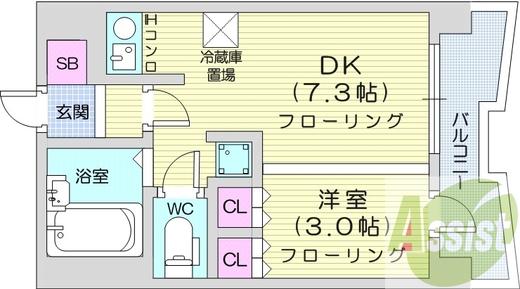 1DK、洗面脱衣所、押入、クローゼット、システムキッチン