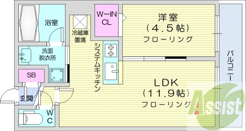 1LDK、都市ガス、エアコン、システムキッチン、ネット無料