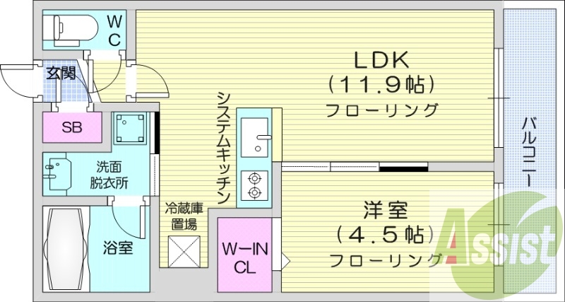 1LDK、都市ガス、エアコン、システムキッチン、ネット無料