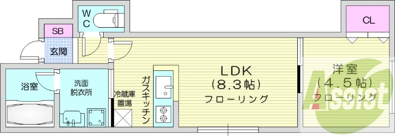 1DK、バストイレ別、ＴＶモニターホン、シャンドレ