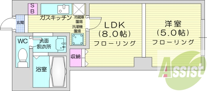 1LDK、オートロック、バストイレ別、独立洗面台