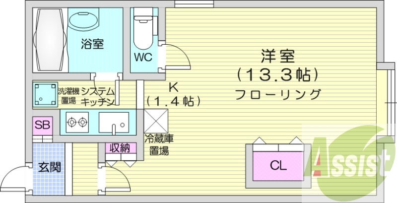 1K、システムキッチン、バストイレ別、オートロック