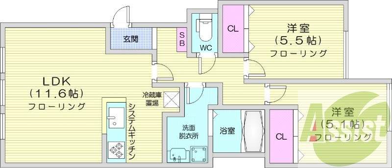 2LDK、独立洗面台、システムキッチン、灯油暖房