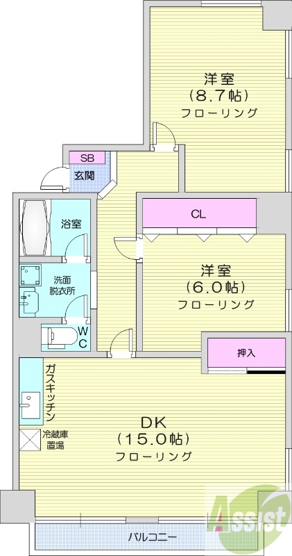 2LDK、分譲タイプ、都市ガス、バルコニー