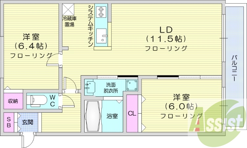 2LDK、バルコニー、都市ガス、システムキッチン