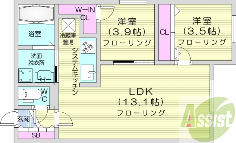 2LDK、エアコン、都市ガス、ペット可