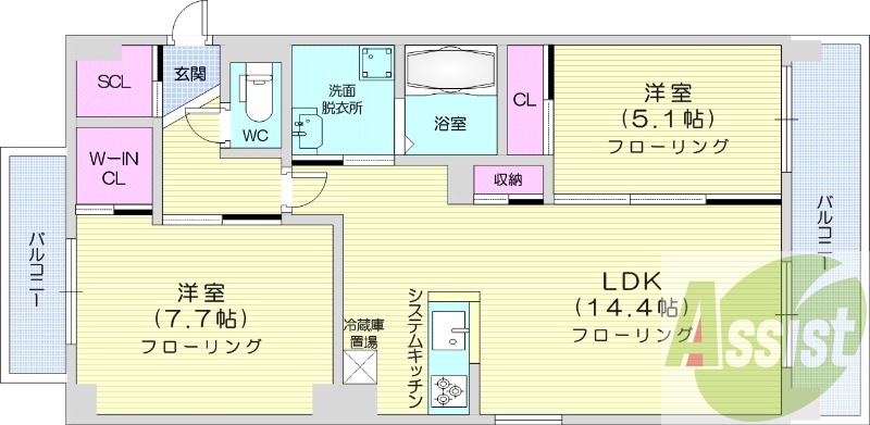 2LDK、都市ガス、エアコン、浴室乾燥機、追い焚き