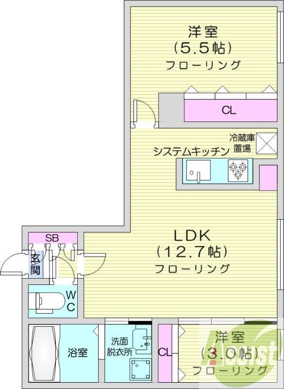 2LDK、エアコン、都市ガス、ペット可