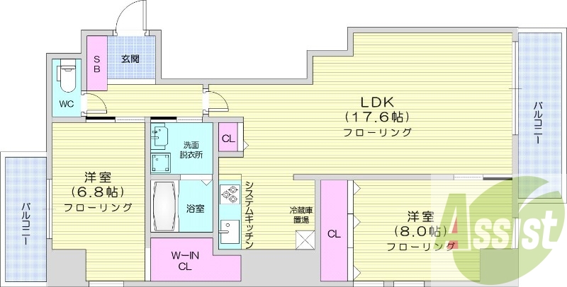 2LDK、都市ガス、エアコン、システムキッチン