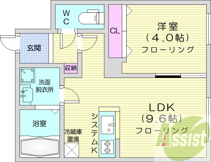 1LDK、エアコン、浴室乾燥機、システムキッチン