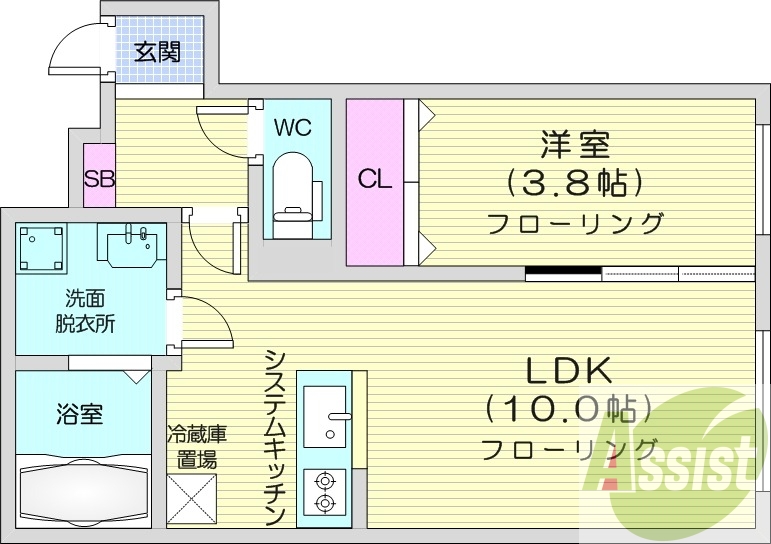 1LDK、エアコン、浴室乾燥機、システムキッチン
