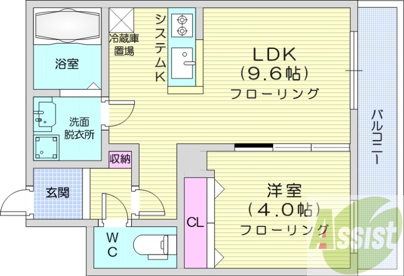 1LDK、エアコン、浴室乾燥機、システムキッチン