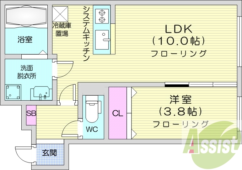 1LDK、エアコン、浴室乾燥機、システムキッチン