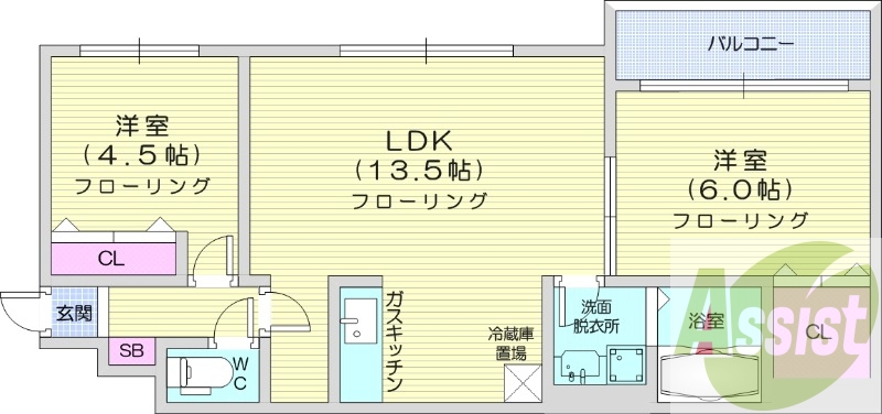 2LDK、角部屋、トランクルーム、独立洗面台、ベランダ