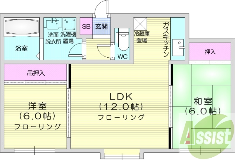 2LDK、灯油暖房、独立洗面台、ガスキッチン