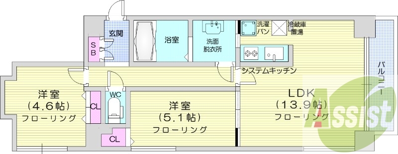 2LDK、都市ガス、システムキッチン、灯油FF暖房