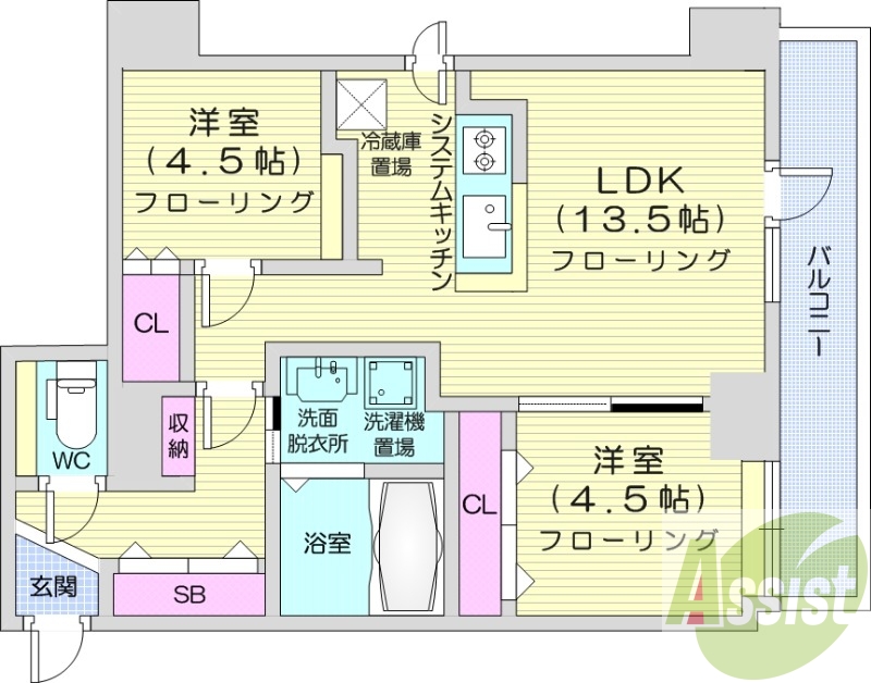 2LDK、都市ガス、追い焚き、エアコン、システムキッチン