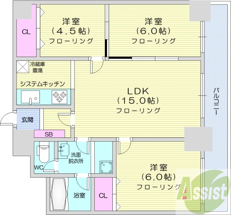 3LDK、都市ガス、ガス暖房、エレベーター