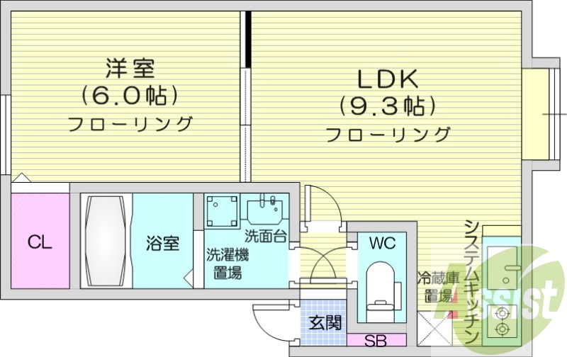 1LDK、独立洗面台、エアコン、システムキッチン