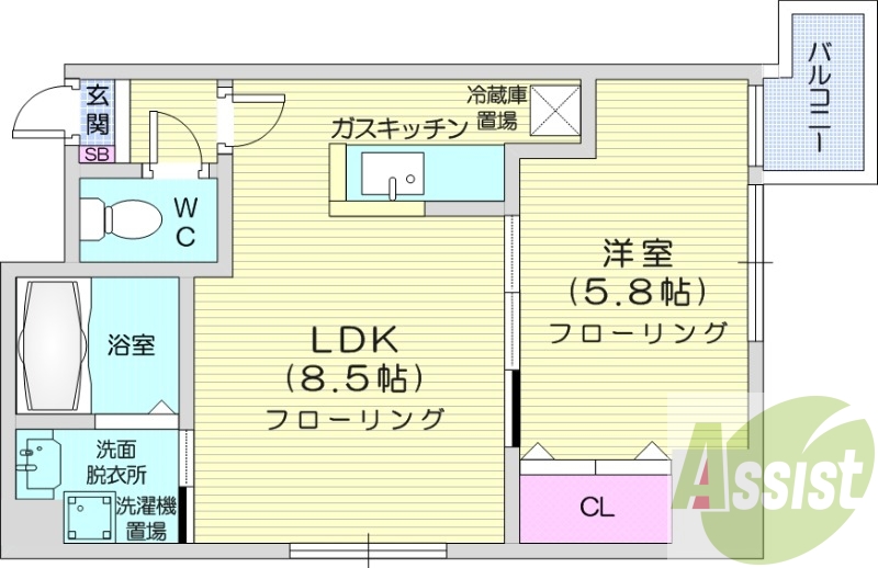 1LDK、クローゼット、バルコニー、対面キッチン