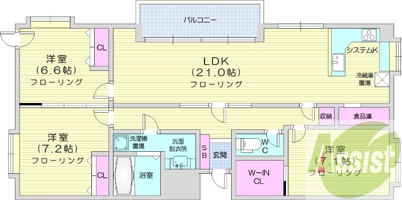 3LDK。浴室乾燥機、追い焚き、システムキッチン